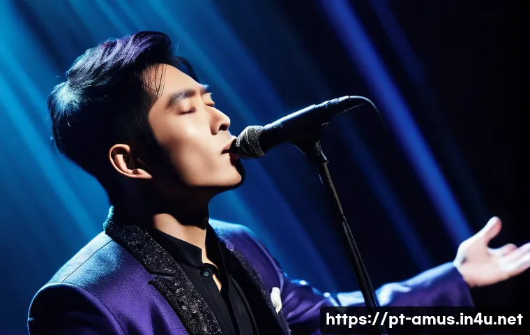 Zhou Shen의 감미로운 보컬과 다양한 OST - **Prompt:** "A captivating full-body portrait of Zhou Shen, a male singer, on a dimly lit, atmospher...