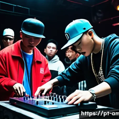 Home 31 Kris Wu와 중국 힙합의 부상 - A vibrant urban night scene in Shanghai showcasing a diverse group of young Chinese hip hop artists ...