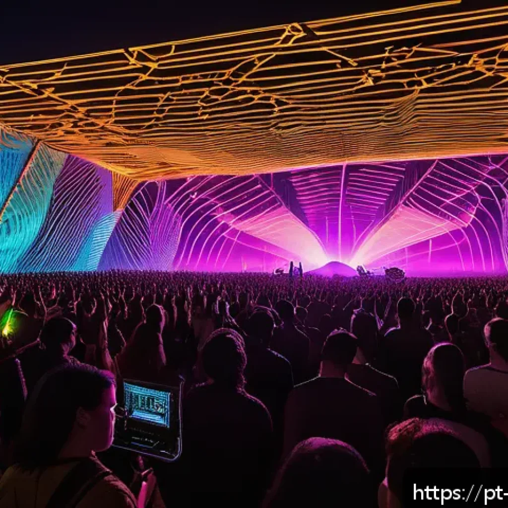 Perfume의 전자음악 혁신과 세계 무대 진출 - A futuristic electronic music concert scene set in a large open-air Brazilian festival at night, fea...