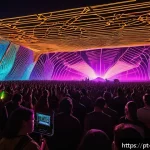 Home 18 Perfume의 전자음악 혁신과 세계 무대 진출 - A futuristic electronic music concert scene set in a large open-air Brazilian festival at night, fea...