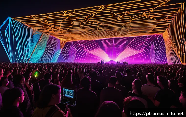 Perfume의 전자음악 혁신과 세계 무대 진출 - A futuristic electronic music concert scene set in a large open-air Brazilian festival at night, fea...