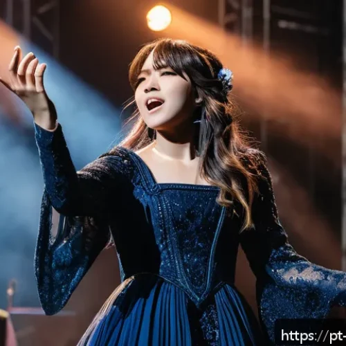 Home 17 Aimer와 그녀의 독특한 목소리가 담긴 애니메이션 OST - A dynamic concert scene featuring a female anime singer inspired by Aimer, performing on stage with ...