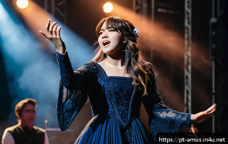 Aimer와 그녀의 독특한 목소리가 담긴 애니메이션 OST - A dynamic concert scene featuring a female anime singer inspired by Aimer, performing on stage with ...